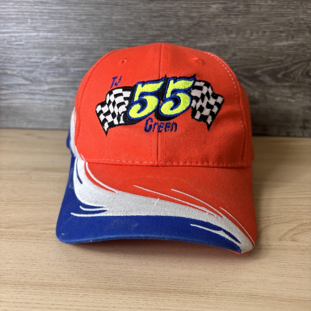 TJ 55 Green Hat Cap Strap Back Blue Racing Embroidered Mens Shows Faded Wear